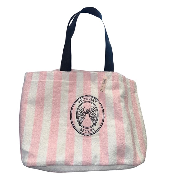 Victoria's Secret Handbags - Victoria's Secret Beach Tote Women OS Pink White NWT Striped Terry Cloth Bag